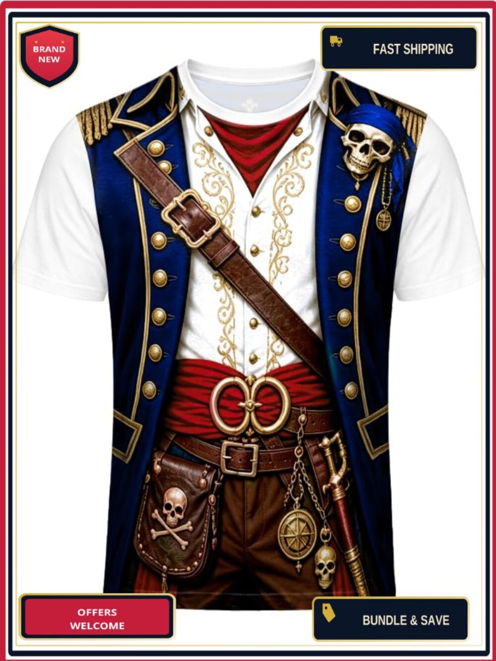Men's Pirate 3D Print Graphic T-Shirt Halloween Costume Short Sleeve Tee